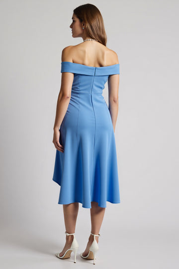 Blue Off The Shoulder Ruched A Line Midi Work Dress
